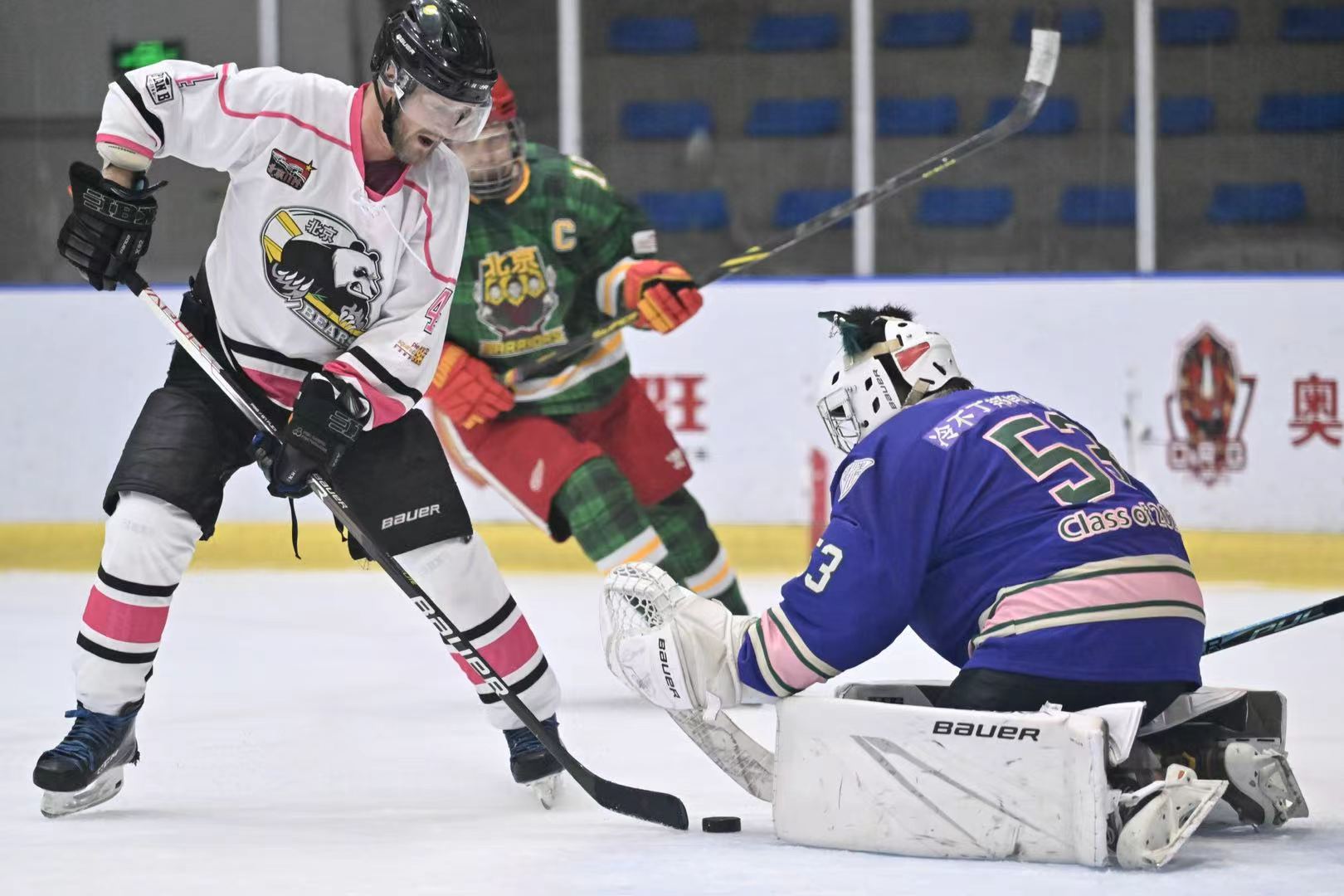 Bears player handling the puck in front of a goalie