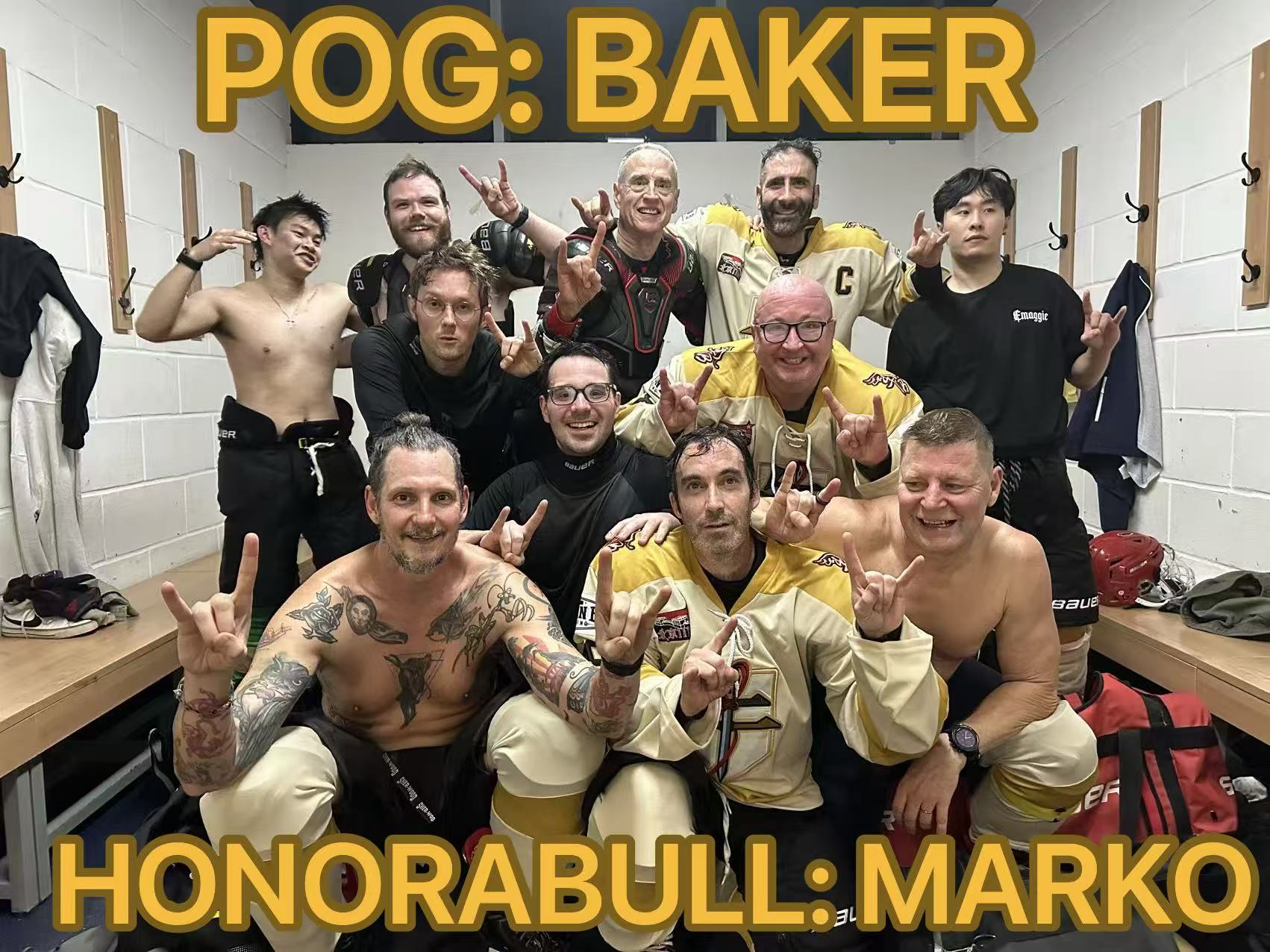 Bulls locker-room team photo celebrating POG Baker and Honorabull Marko