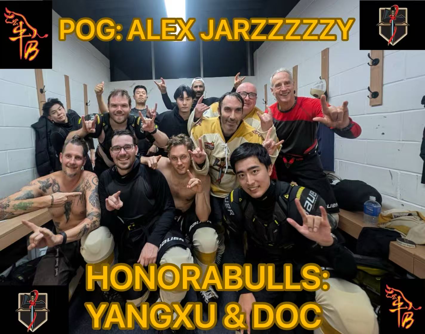 Bulls Week 5 locker-room team photo celebrating POG Alex and Honorabulls Yang Xu and Doc